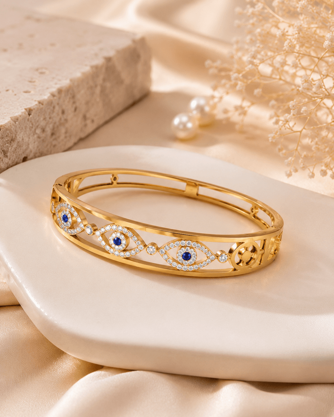 Gold-Tone Blue Evil Eye Clear-Accent Bangle detail photo 4 - Bracelets at ShopKaar