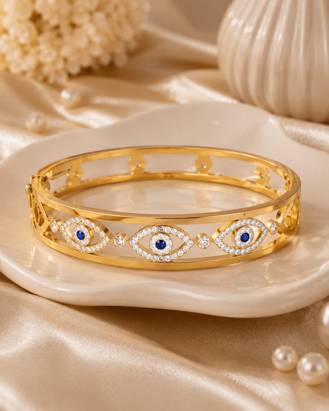 Gold-Tone Blue Evil Eye Clear-Accent Bangle detail photo 5 - Bracelets at ShopKaar