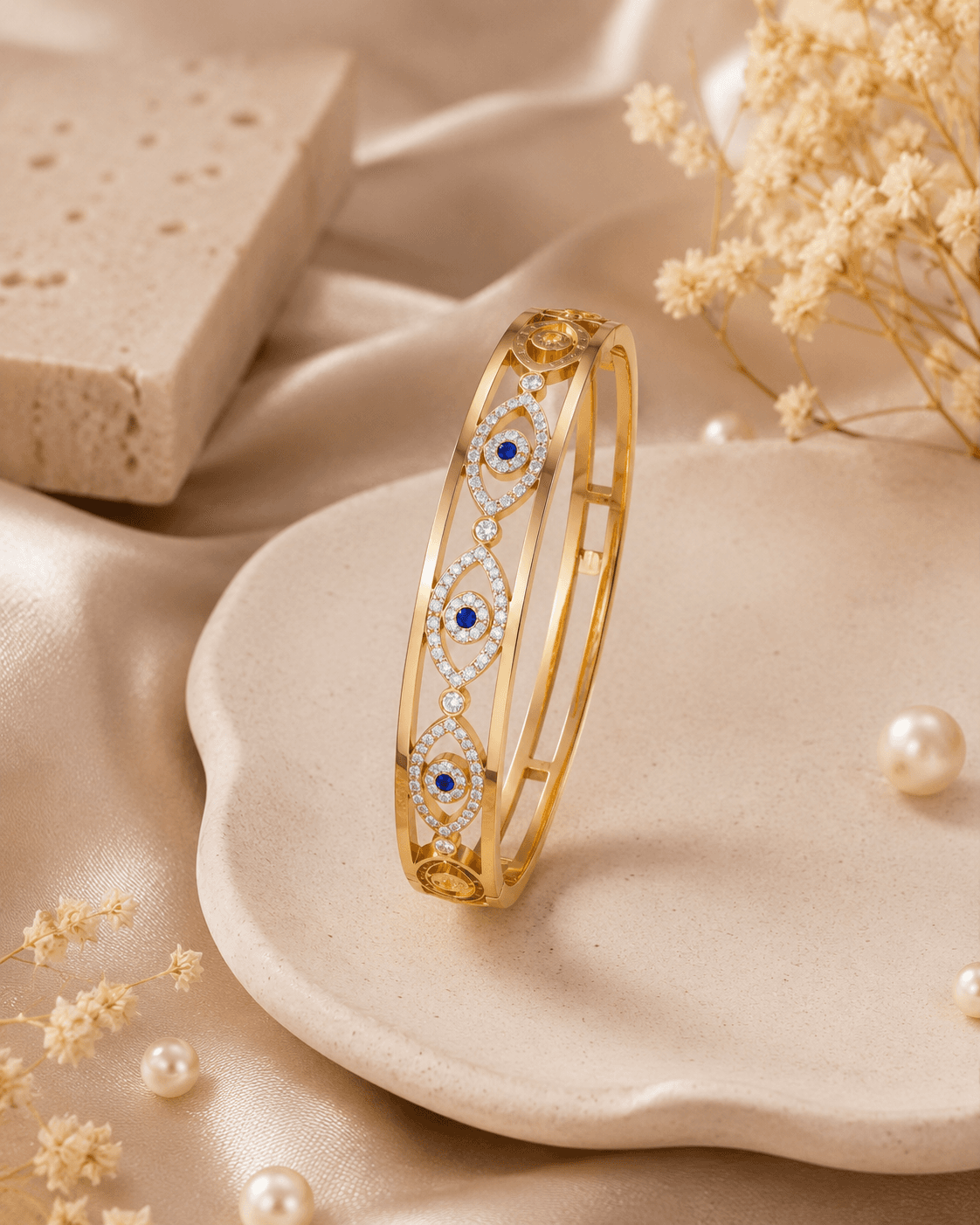 Gold-Tone Blue Evil Eye Clear-Accent Bangle detail photo 6 - Bracelets at ShopKaar