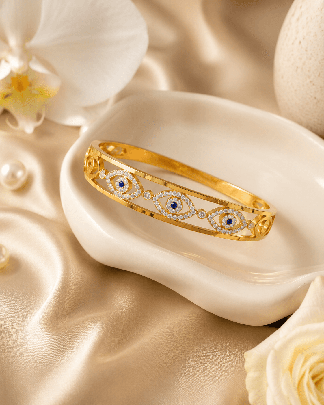 Gold-Tone Blue Evil Eye Clear-Accent Bangle detail photo 7 - Bracelets at ShopKaar