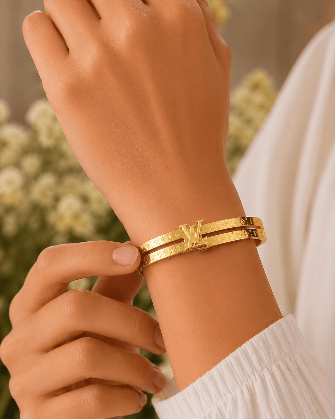 Gold-Tone Interlocking Letter Double-Band Bangle detail photo 6 - Bracelets at ShopKaar