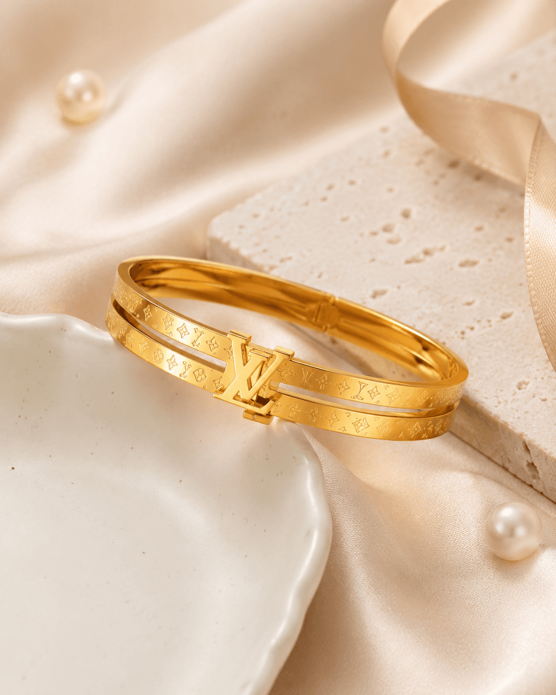 Gold-Tone Interlocking Letter Double-Band Bangle detail photo 5 - Bracelets at ShopKaar