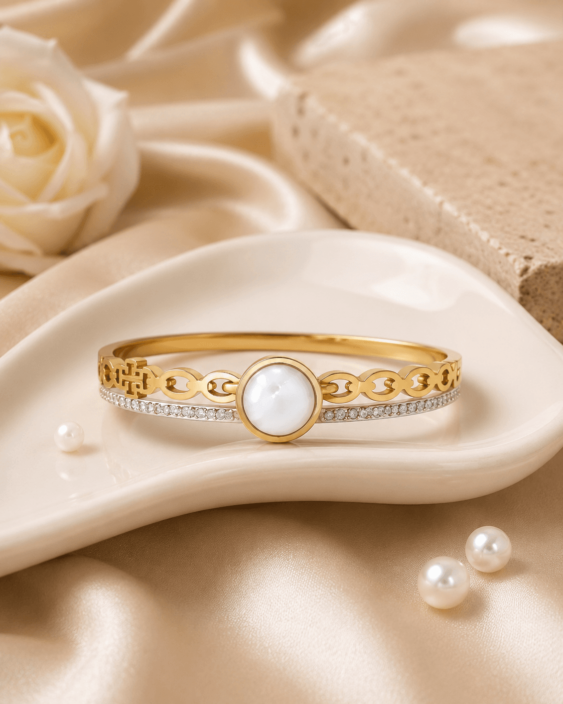 Gold-Tone White Disc Clear-Accent Bangle main product photo - Bracelets at ShopKaar