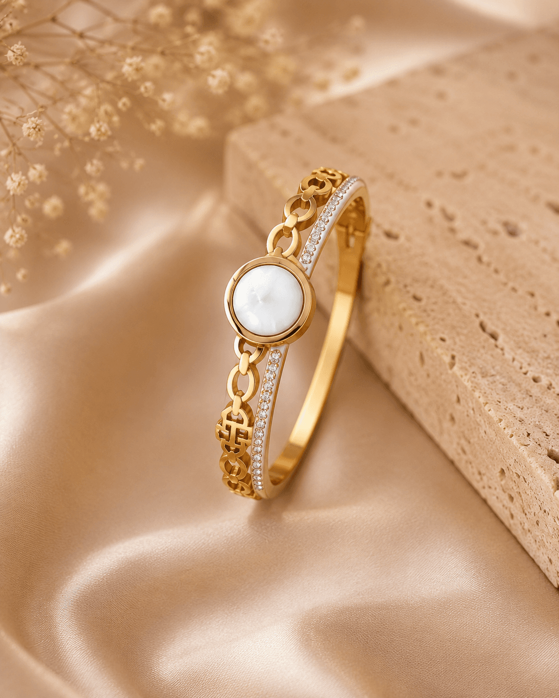 Gold-Tone White Disc Clear-Accent Bangle detail photo 2 - Bracelets at ShopKaar