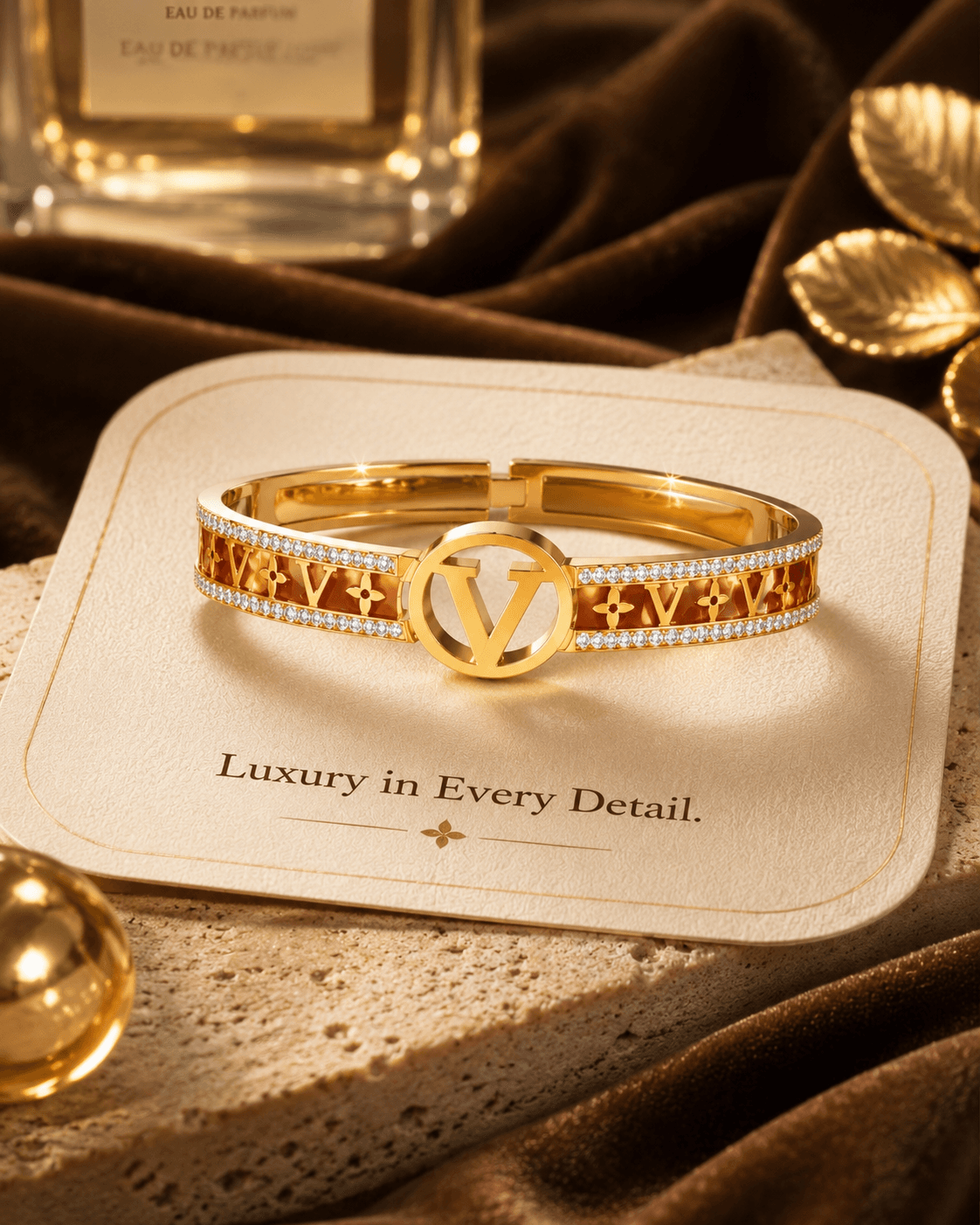 Gold-Tone Brown Inset Letter-Motif Bangle main product photo - Bracelets at ShopKaar