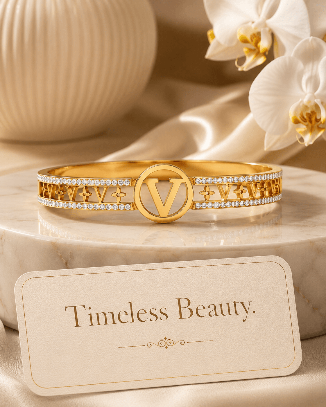 Gold-Tone Brown Inset Letter-Motif Bangle detail photo 2 - Bracelets at ShopKaar