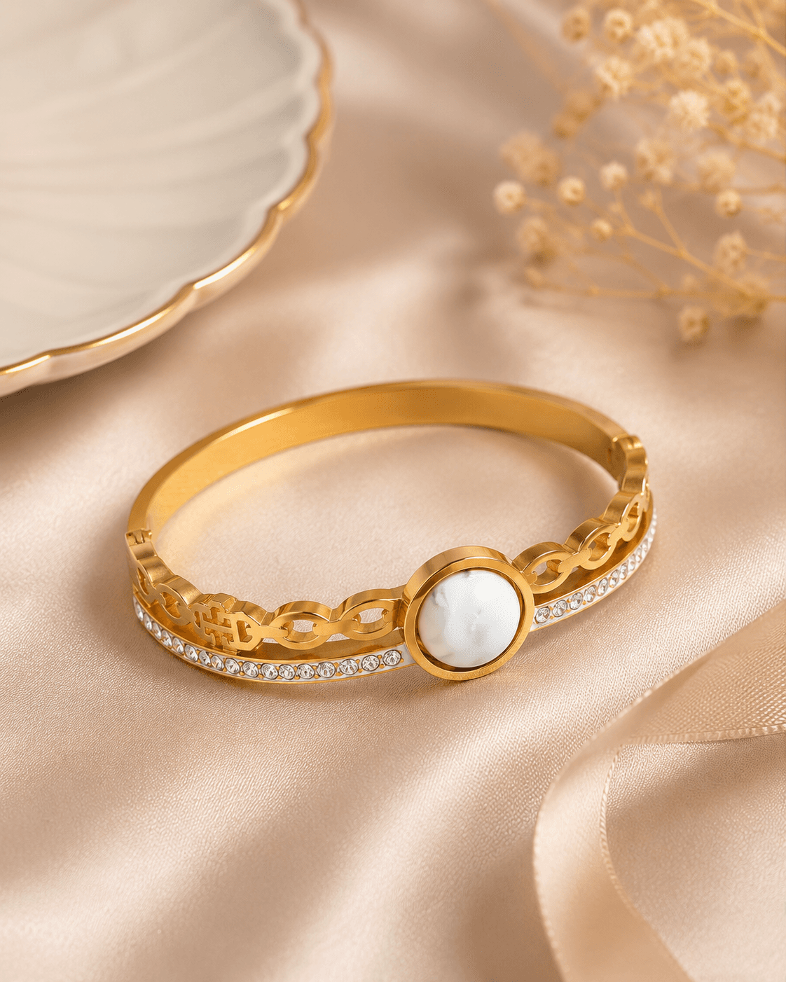 Gold-Tone White Disc Clear-Accent Bangle detail photo 6 - Bracelets at ShopKaar