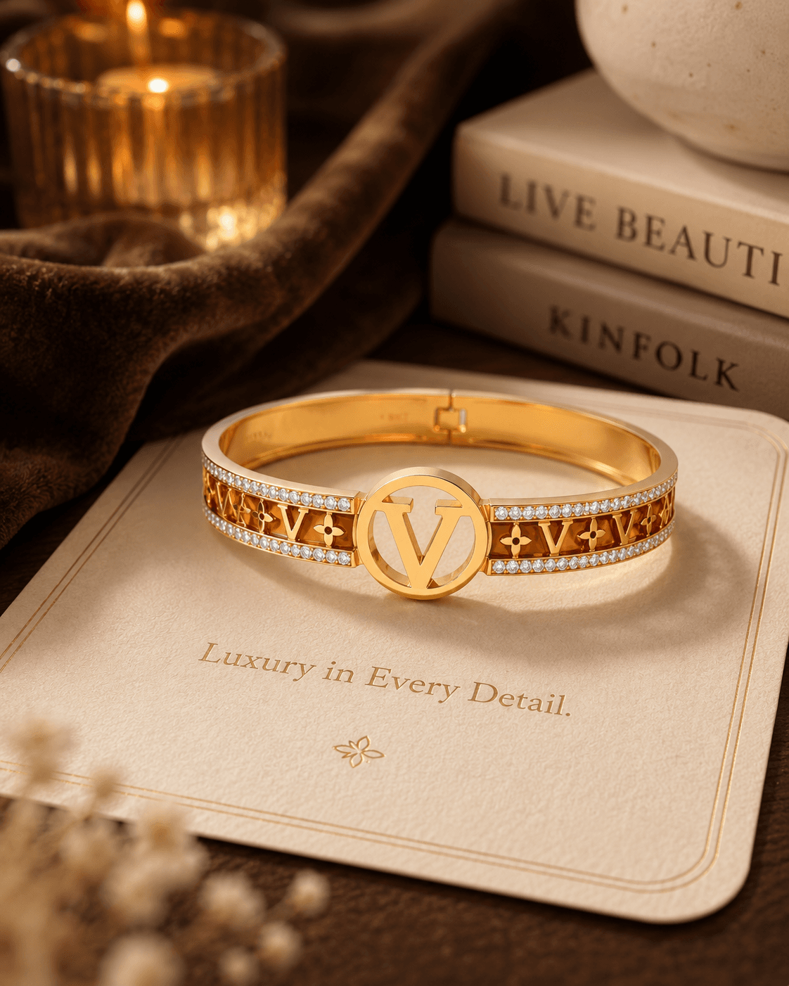 Gold-Tone Brown Inset Letter-Motif Bangle detail photo 3 - Bracelets at ShopKaar