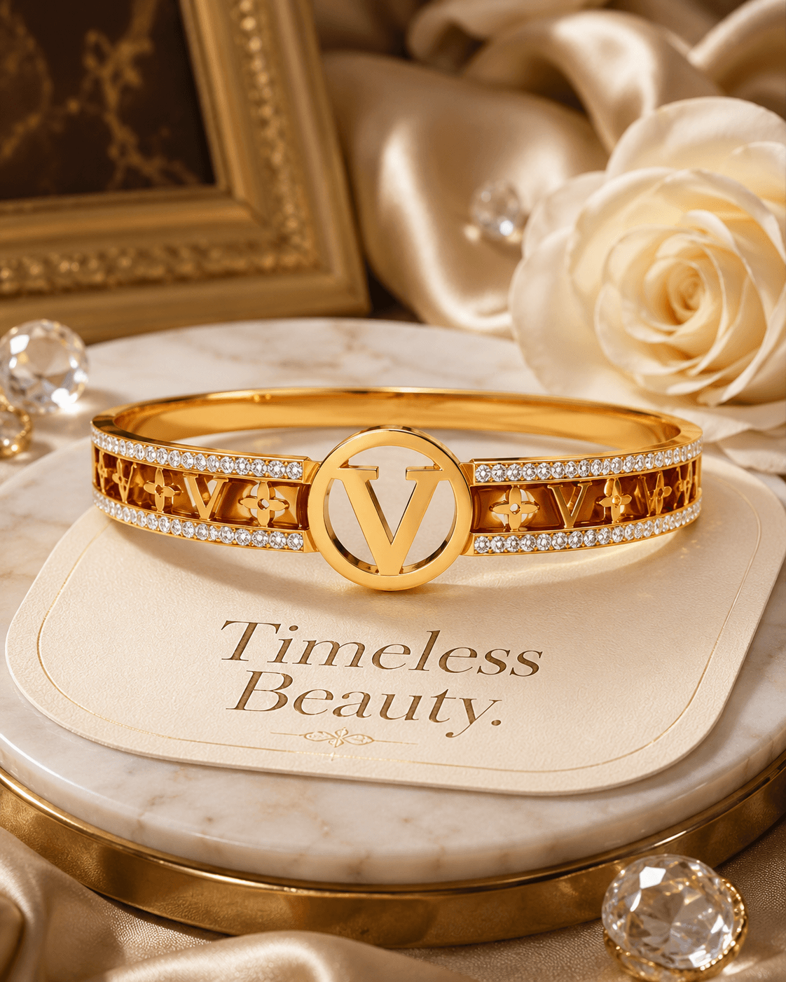 Gold-Tone Brown Inset Letter-Motif Bangle detail photo 4 - Bracelets at ShopKaar