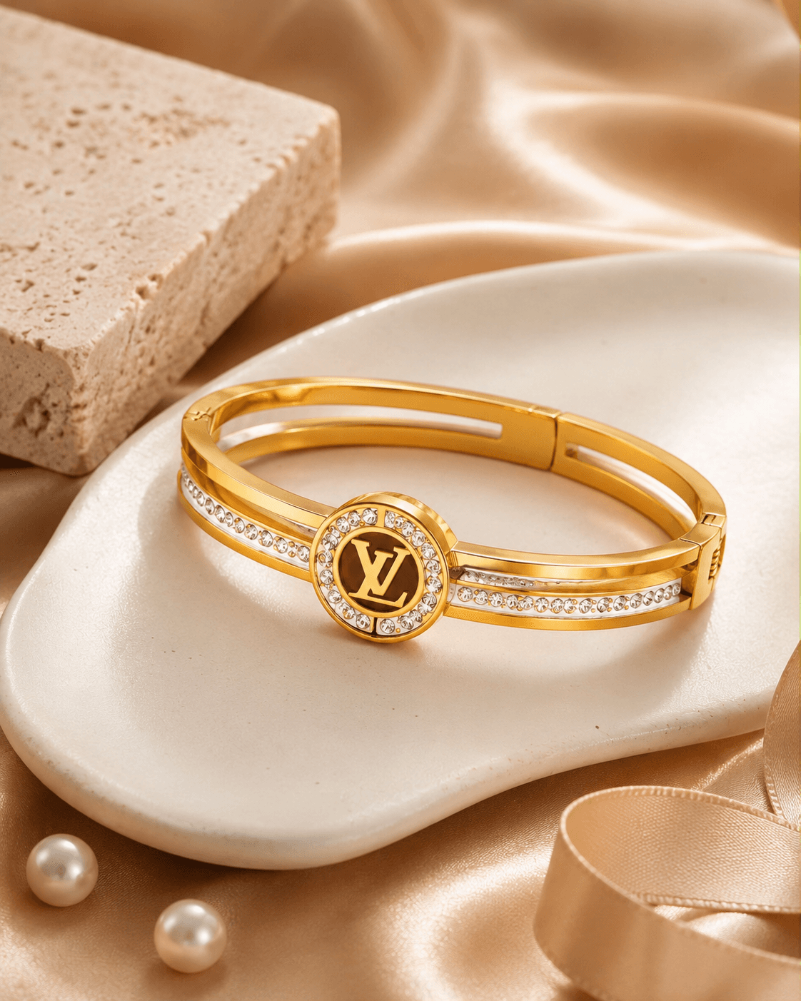Gold-Tone Round Letter-Motif Double-Band Bangle detail photo 2 - Bracelets at ShopKaar