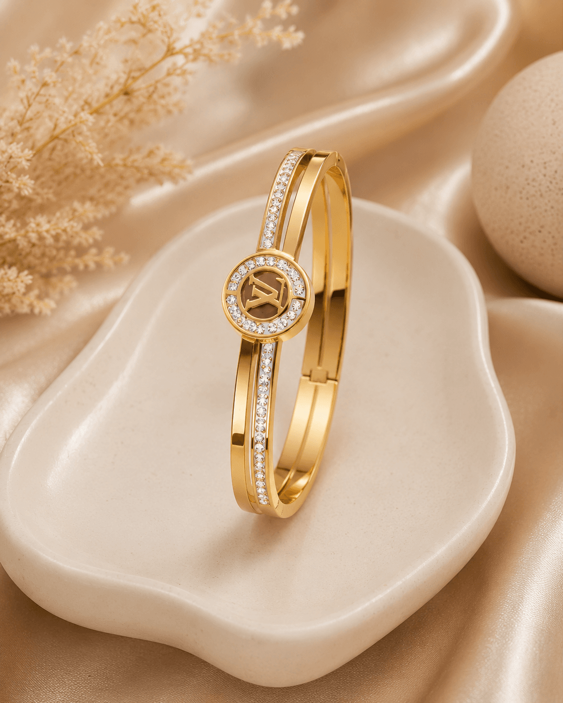 Gold-Tone Round Letter-Motif Double-Band Bangle detail photo 3 - Bracelets at ShopKaar
