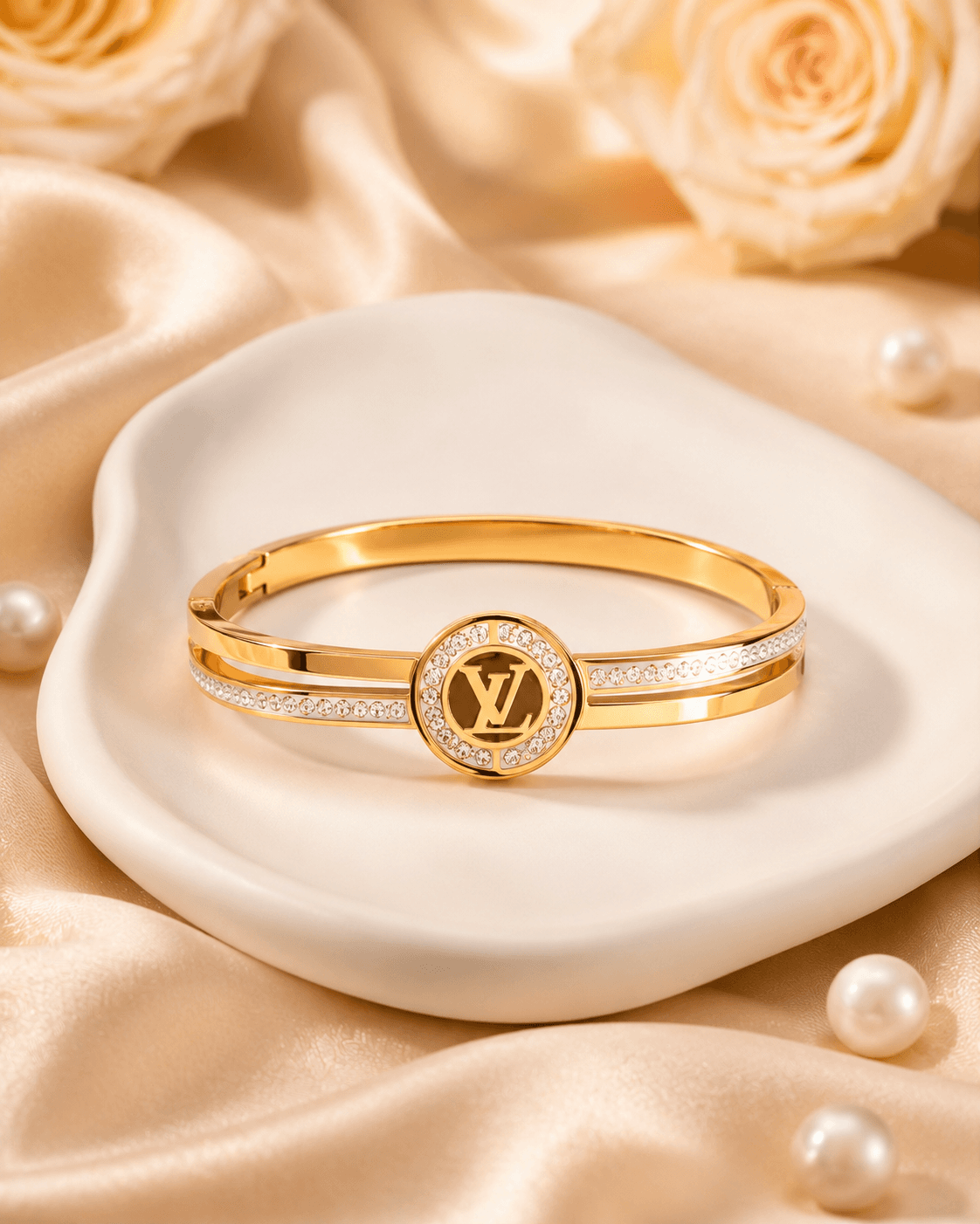 Gold-Tone Round Letter-Motif Double-Band Bangle detail photo 4 - Bracelets at ShopKaar