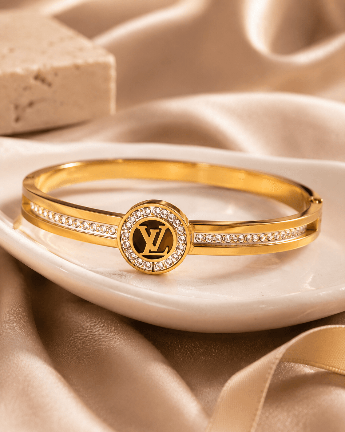 Gold-Tone Round Letter-Motif Double-Band Bangle detail photo 5 - Bracelets at ShopKaar