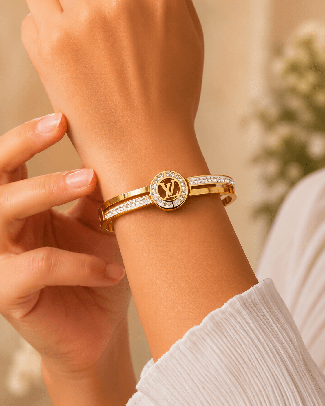 Gold-Tone Round Letter-Motif Double-Band Bangle detail photo 6 - Bracelets at ShopKaar