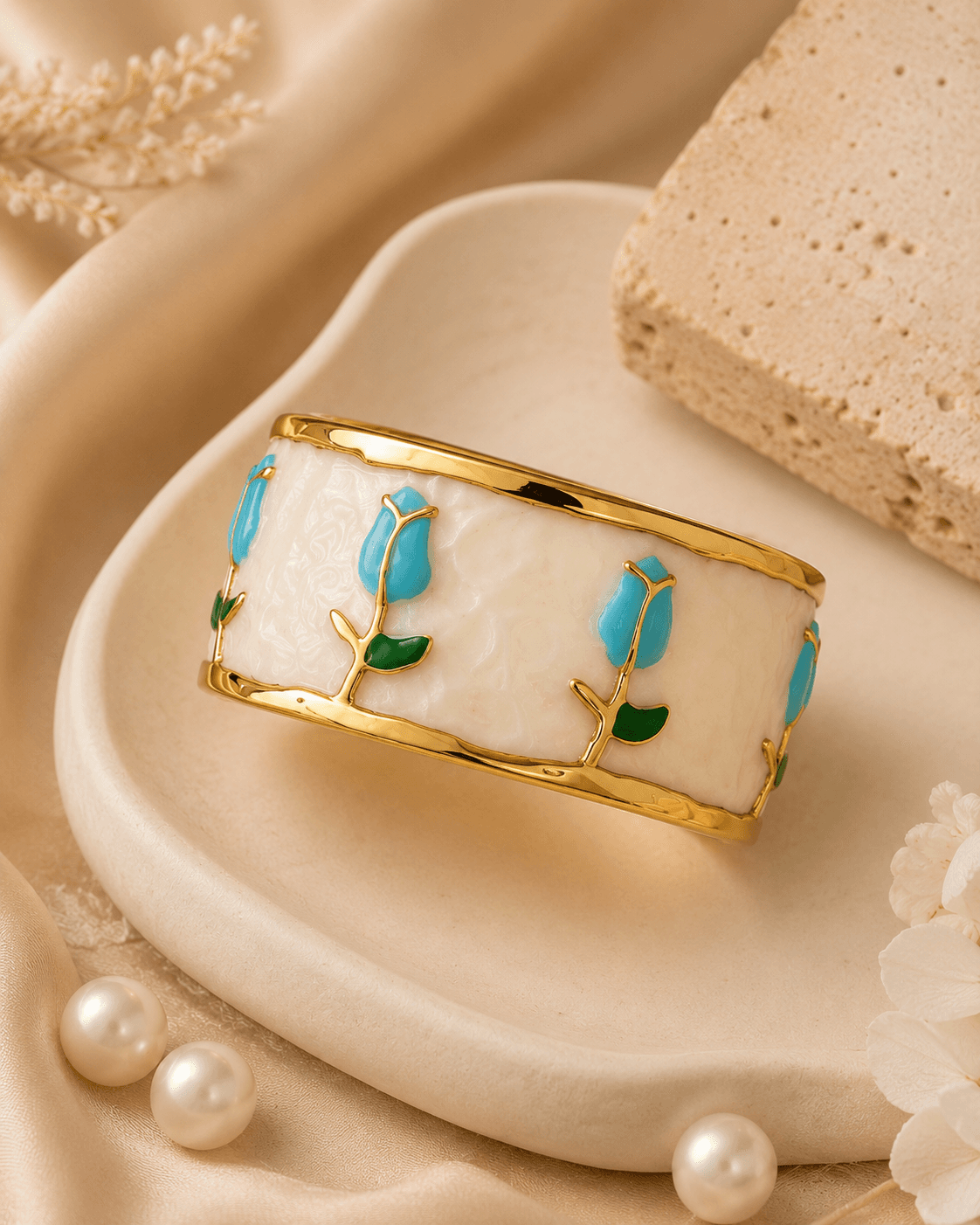 Gold-Tone White Inset Blue Tulip Cuff Bracelet main product photo - Bracelets at ShopKaar