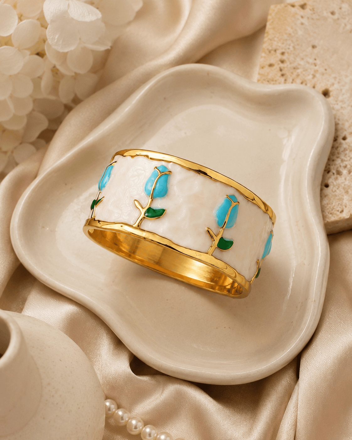 Gold-Tone White Inset Blue Tulip Cuff Bracelet detail photo 2 - Bracelets at ShopKaar