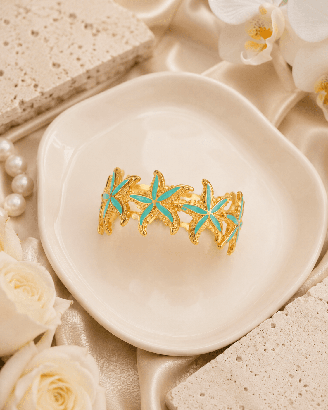 Gold-Tone Turquoise Starfish Cuff Bracelet detail photo 2 - Bracelets at ShopKaar