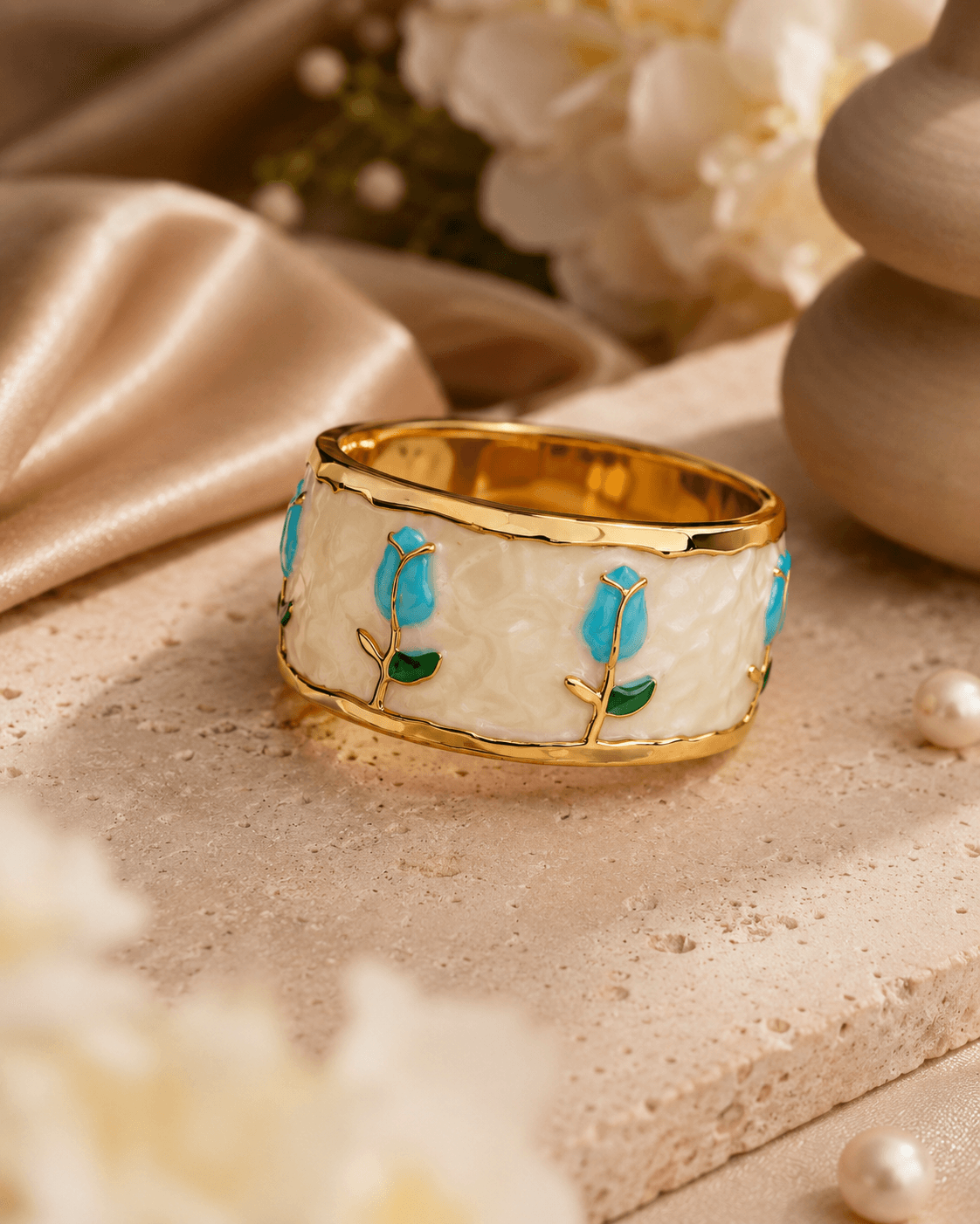 Gold-Tone White Inset Blue Tulip Cuff Bracelet detail photo 3 - Bracelets at ShopKaar
