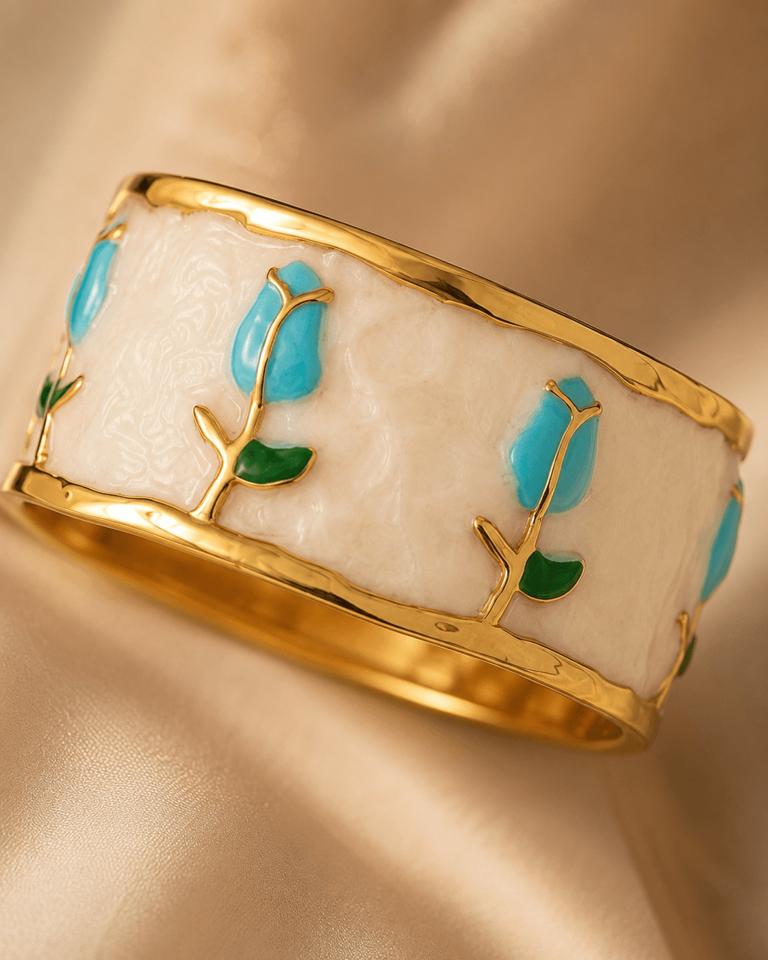 Gold-Tone White Inset Blue Tulip Cuff Bracelet detail photo 4 - Bracelets at ShopKaar