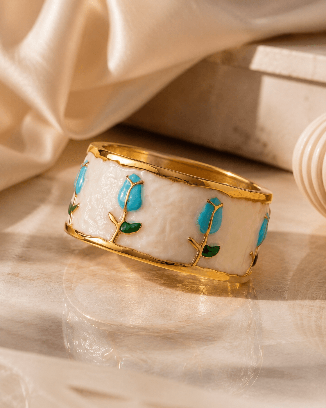 Gold-Tone White Inset Blue Tulip Cuff Bracelet detail photo 5 - Bracelets at ShopKaar