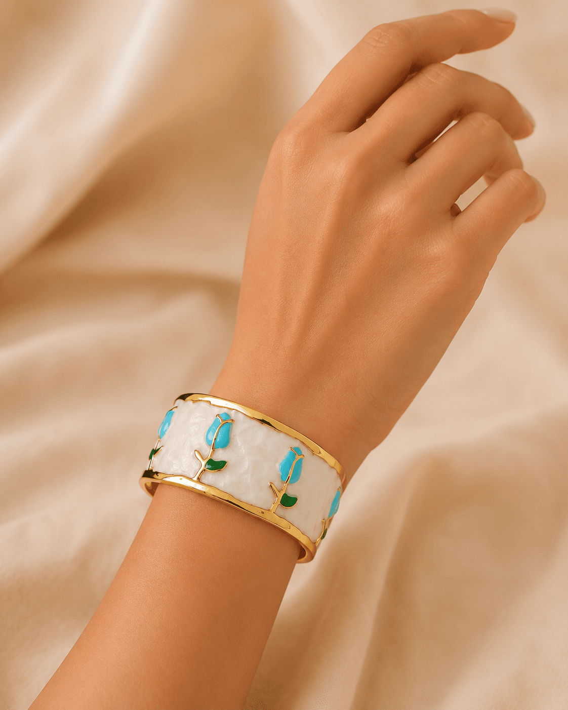 Gold-Tone White Inset Blue Tulip Cuff Bracelet detail photo 6 - Bracelets at ShopKaar