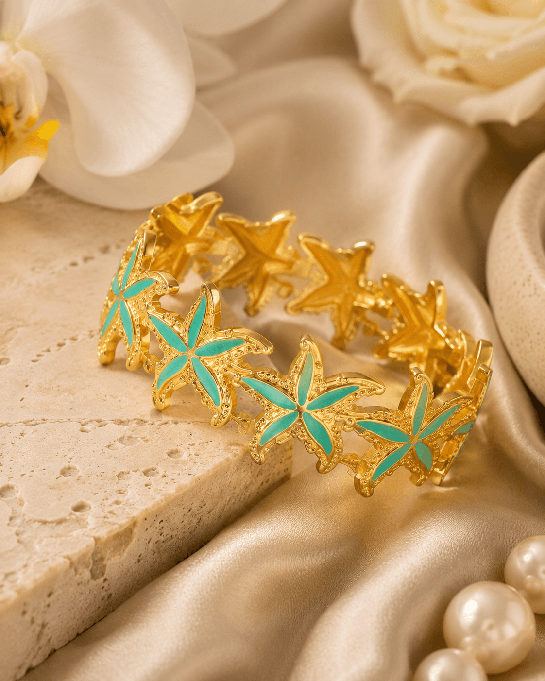 Gold-Tone Turquoise Starfish Cuff Bracelet detail photo 3 - Bracelets at ShopKaar