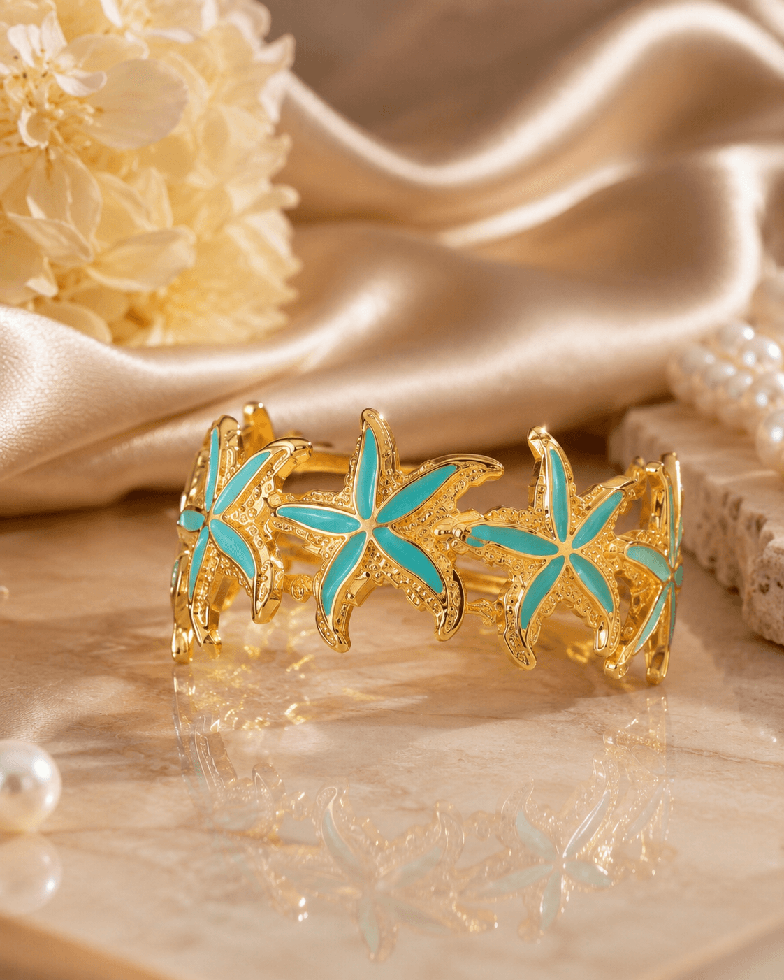 Gold-Tone Turquoise Starfish Cuff Bracelet detail photo 5 - Bracelets at ShopKaar