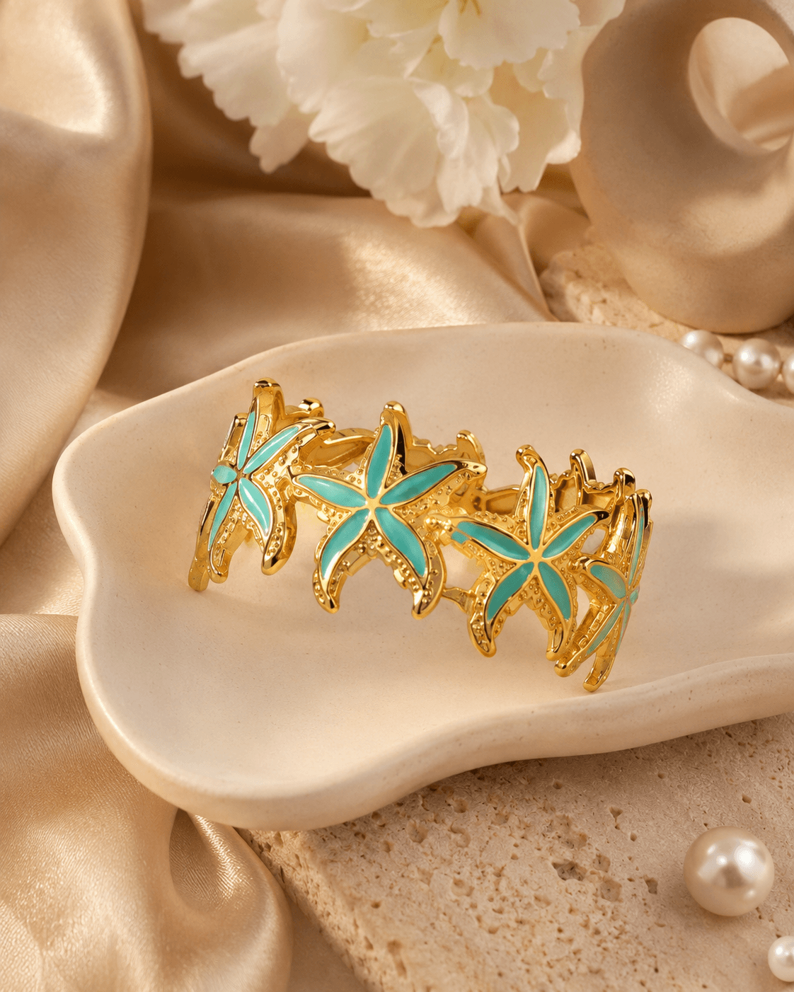 Gold-Tone Turquoise Starfish Cuff Bracelet detail photo 8 - Bracelets at ShopKaar