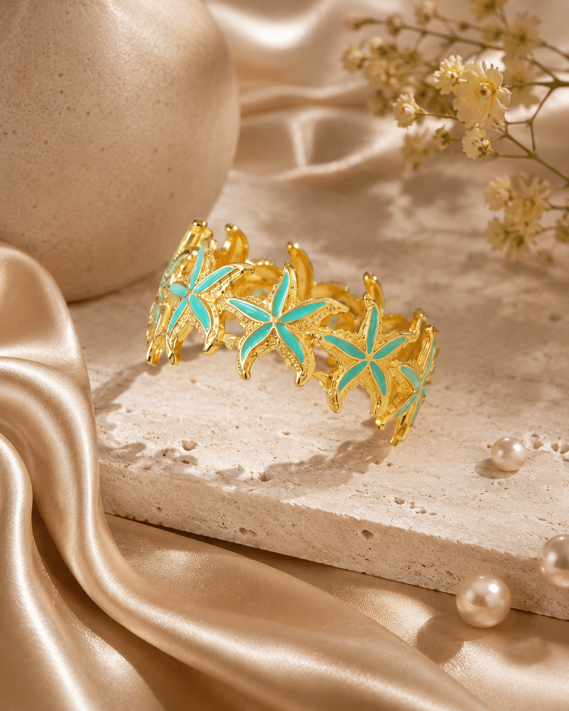 Gold-Tone Turquoise Starfish Cuff Bracelet detail photo 10 - Bracelets at ShopKaar