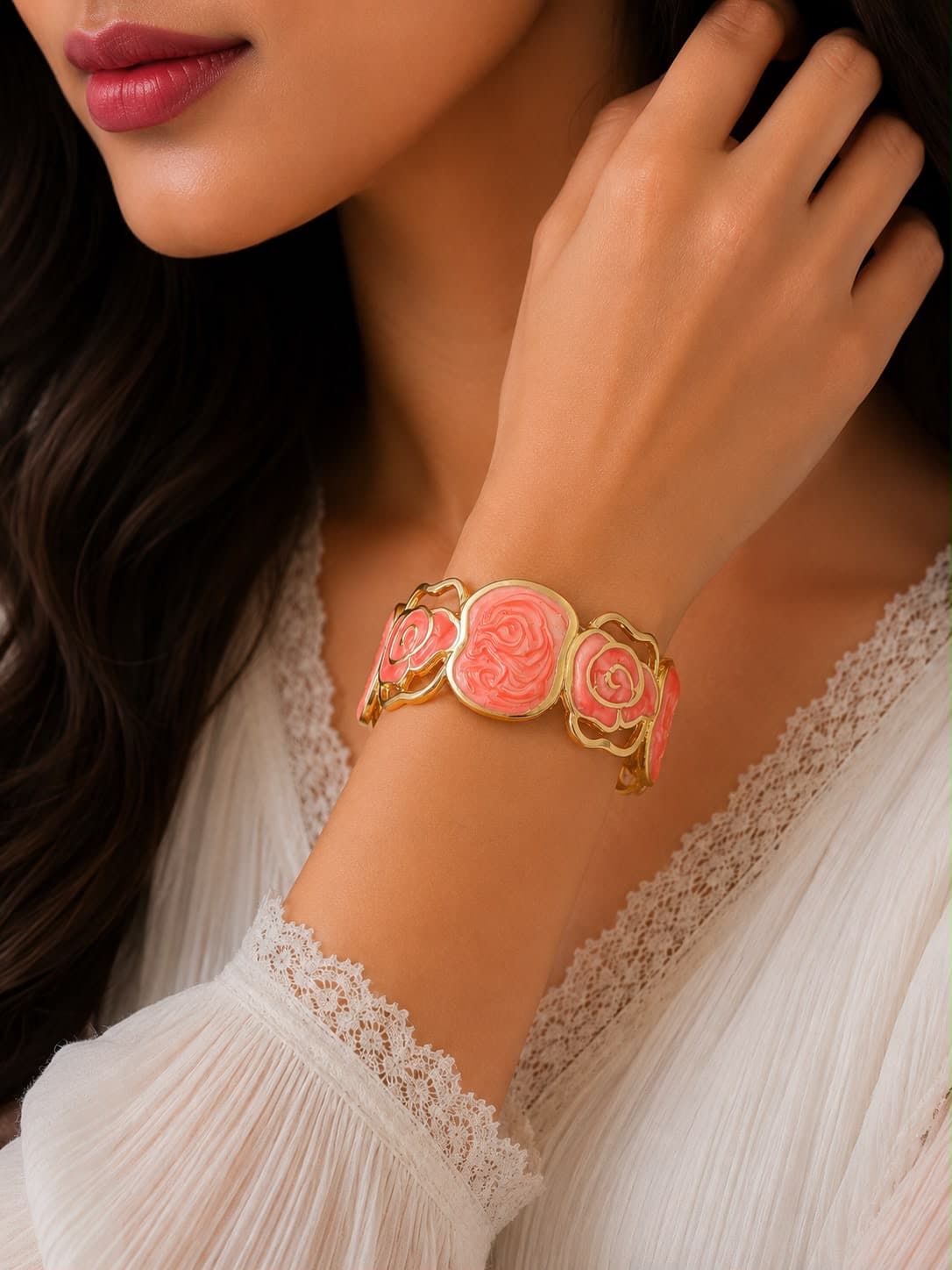 Gold-Tone Coral-Pink Rose Bracelet main product photo - Bracelets at ShopKaar
