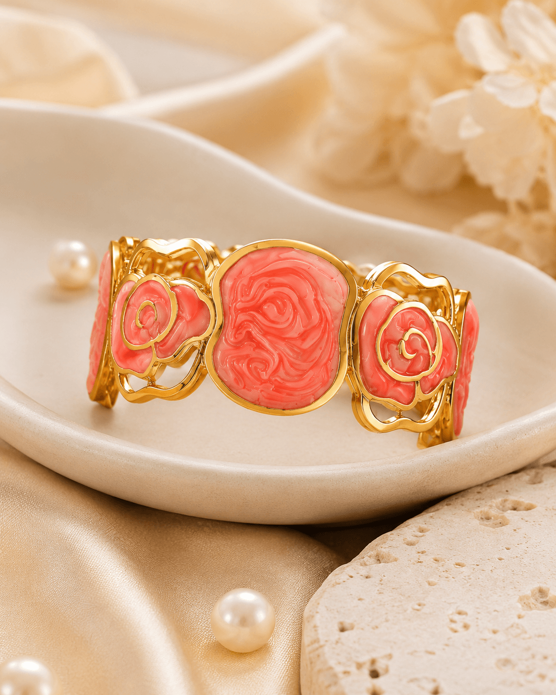 Gold-Tone Coral-Pink Rose Bracelet detail photo 2 - Bracelets at ShopKaar