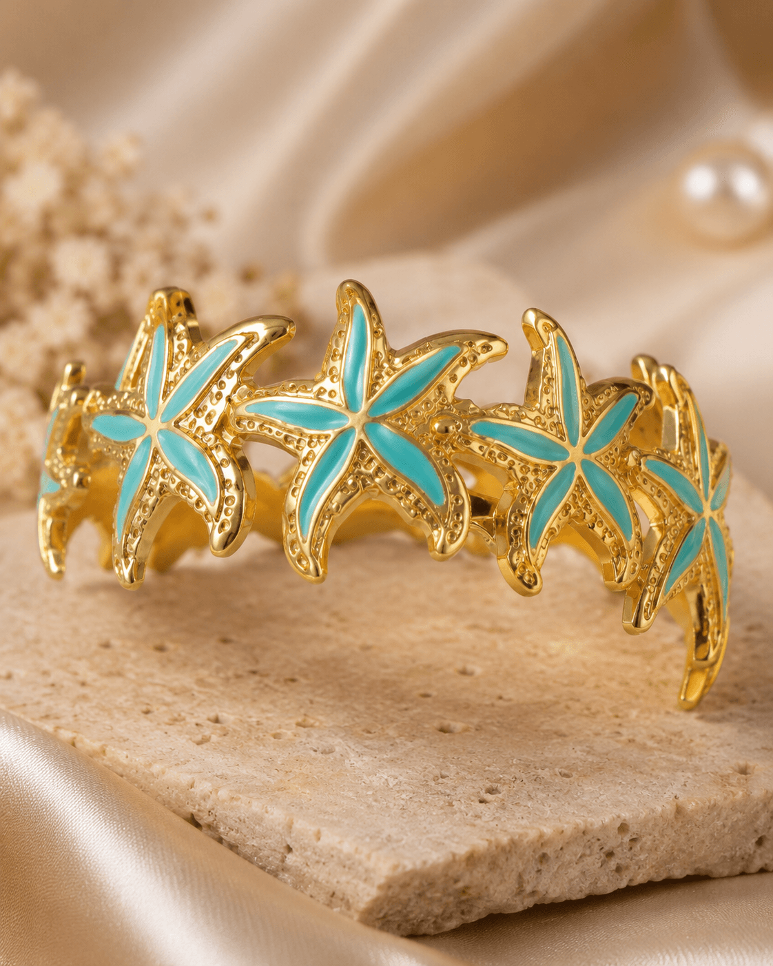 Gold-Tone Turquoise Starfish Cuff Bracelet detail photo 11 - Bracelets at ShopKaar
