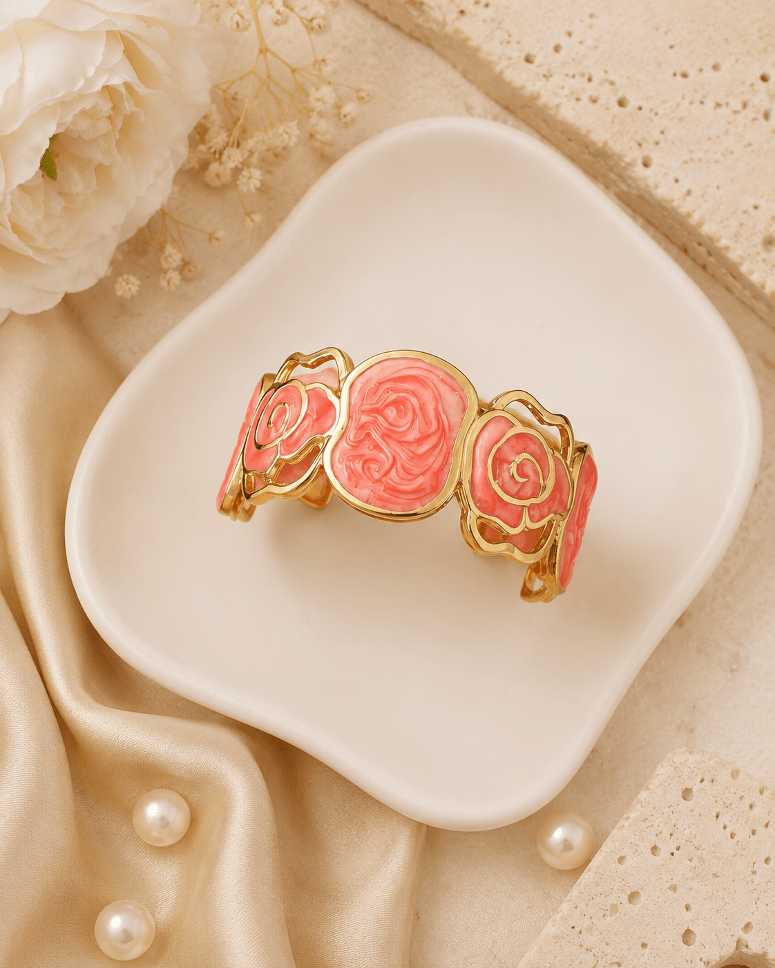 Gold-Tone Coral-Pink Rose Bracelet detail photo 3 - Bracelets at ShopKaar