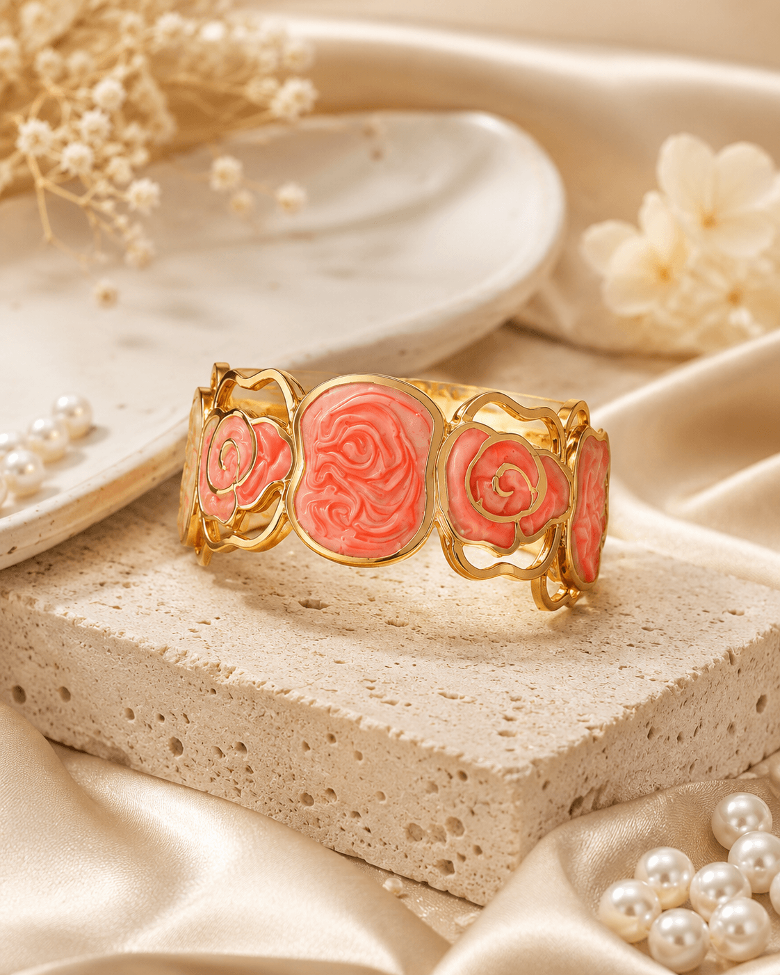 Gold-Tone Coral-Pink Rose Bracelet detail photo 4 - Bracelets at ShopKaar
