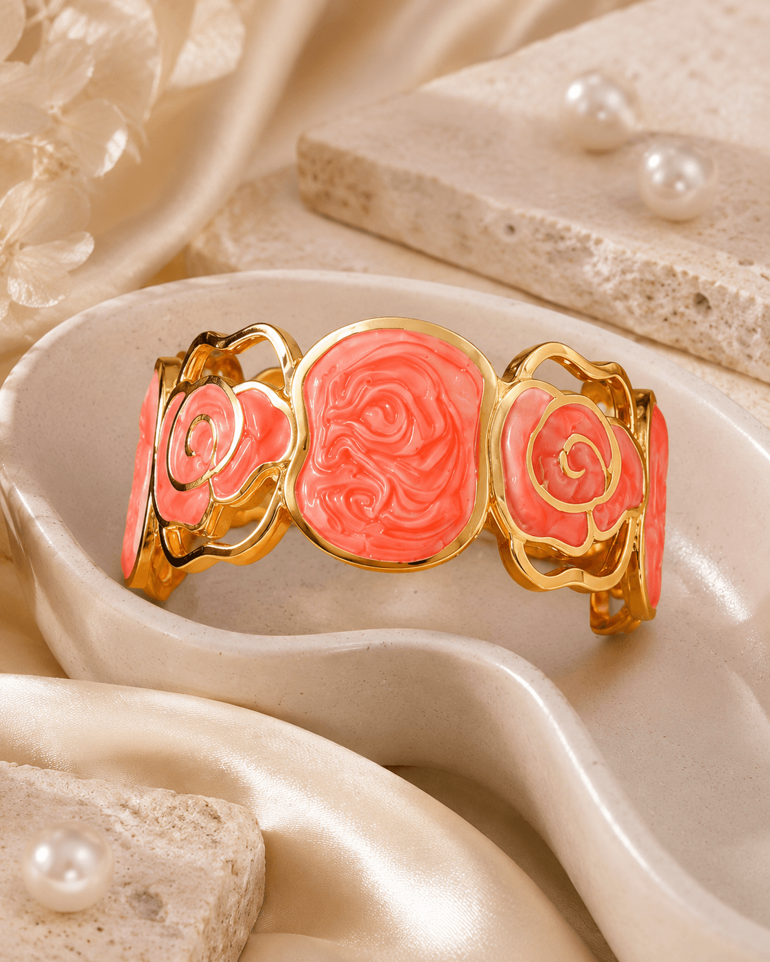 Gold-Tone Coral-Pink Rose Bracelet detail photo 5 - Bracelets at ShopKaar
