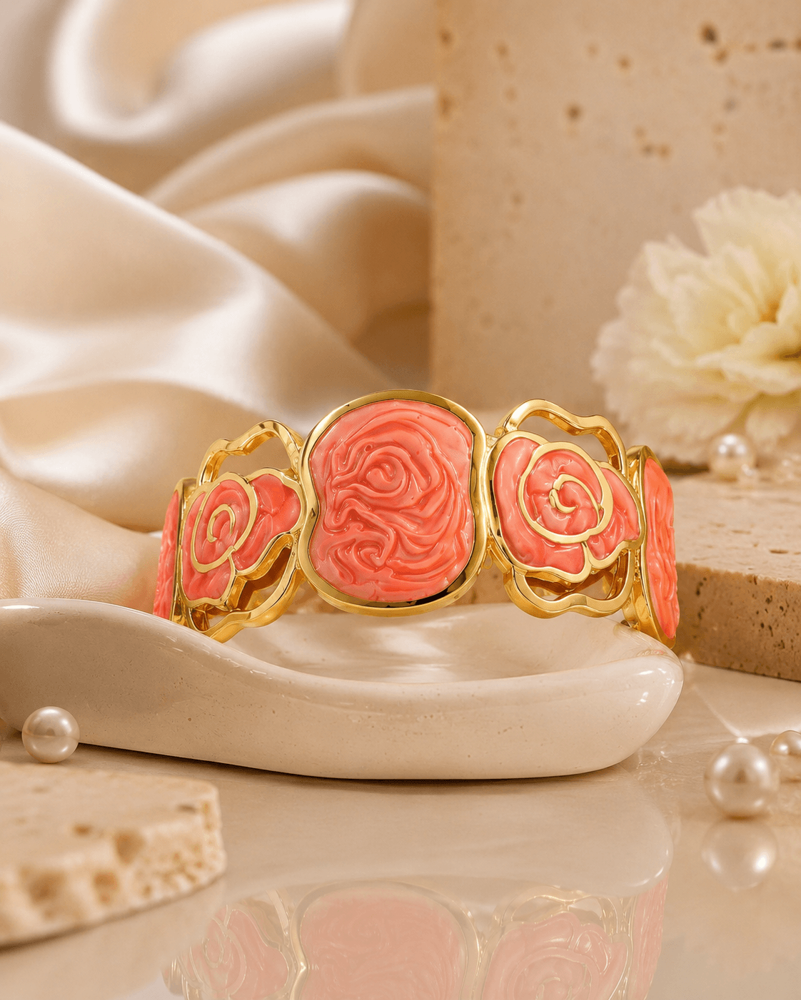 Gold-Tone Coral-Pink Rose Bracelet detail photo 6 - Bracelets at ShopKaar
