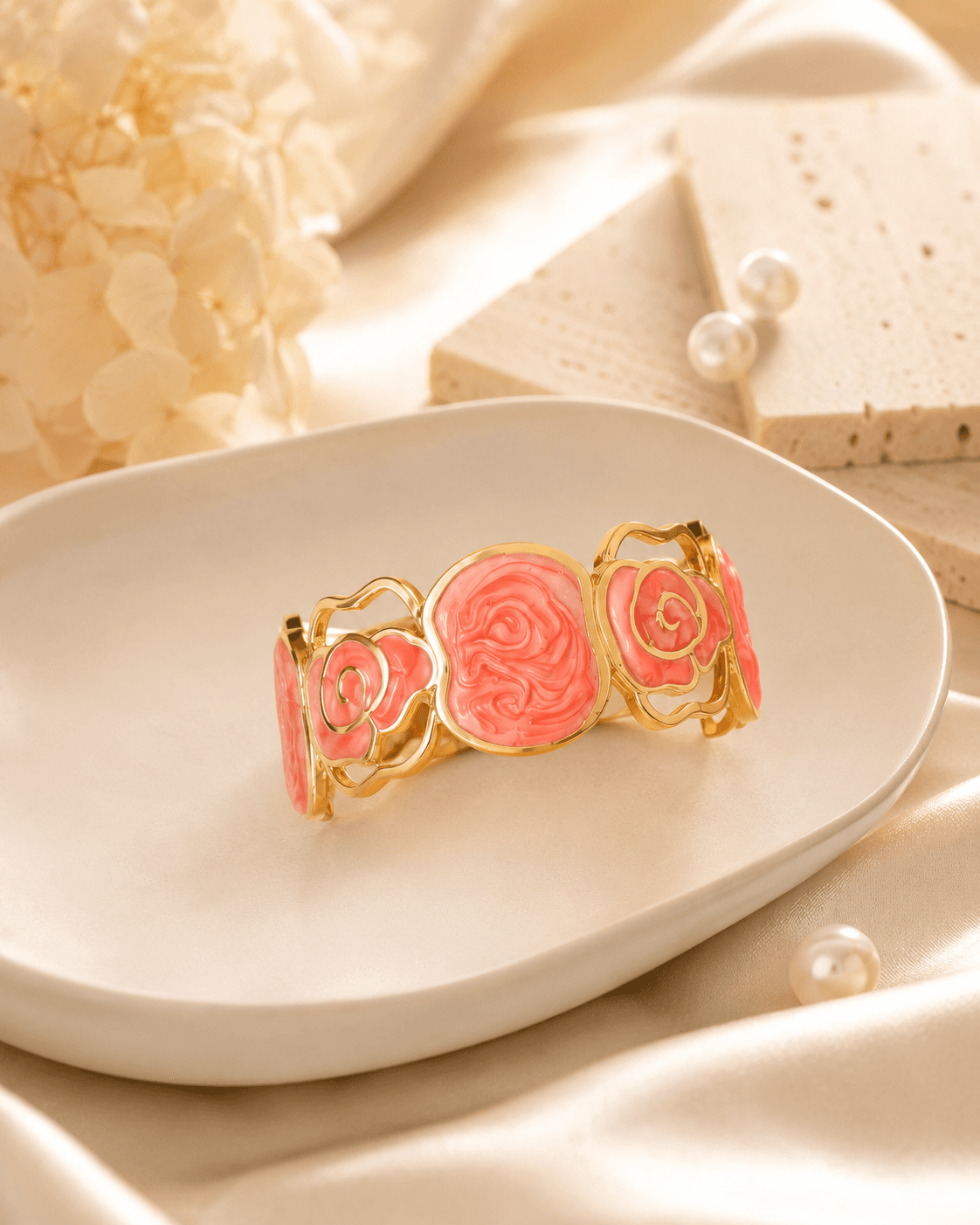 Gold-Tone Coral-Pink Rose Bracelet detail photo 7 - Bracelets at ShopKaar