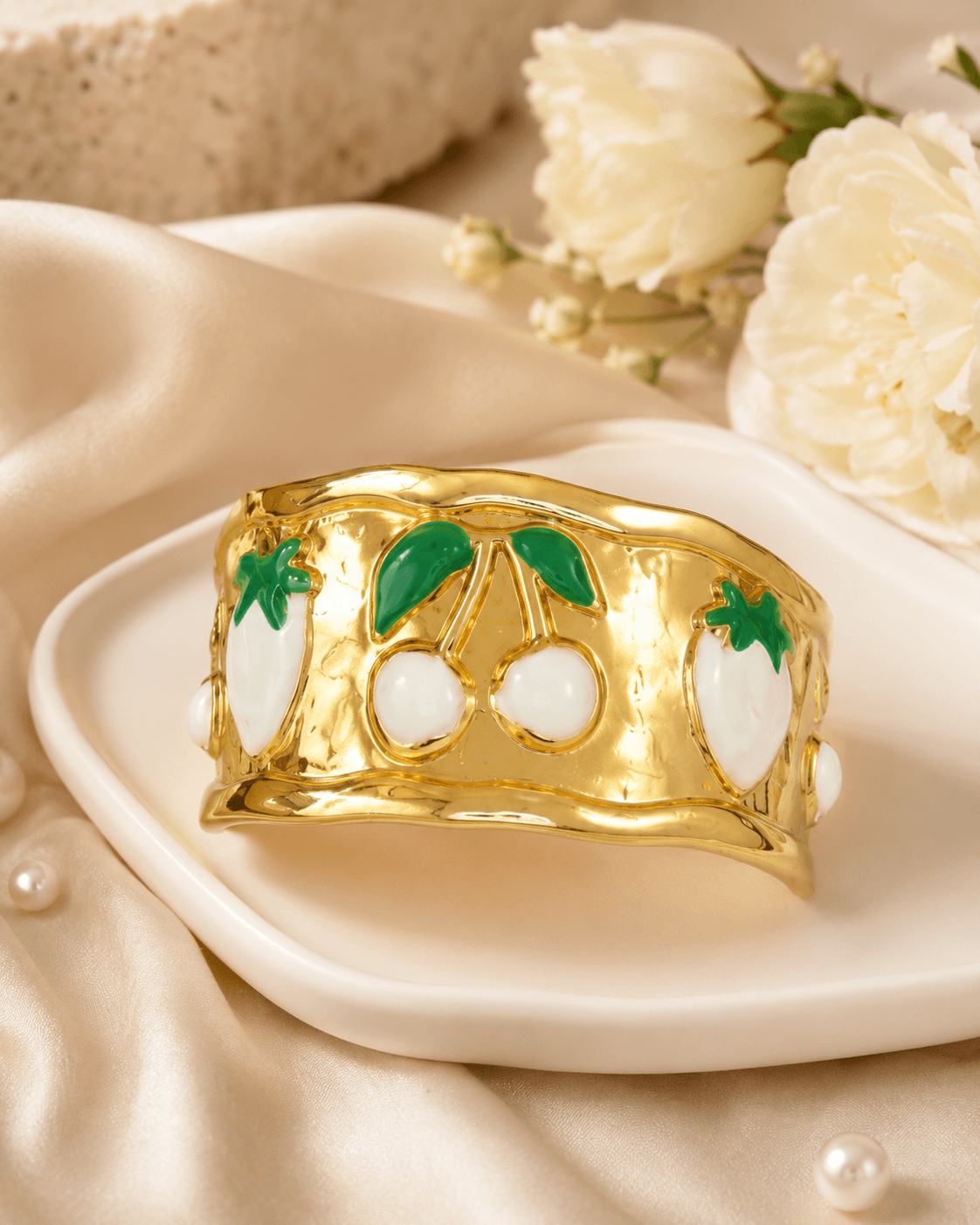 Gold-Tone White Cherry Motif Cuff Bracelet detail photo 2 - Bracelets at ShopKaar
