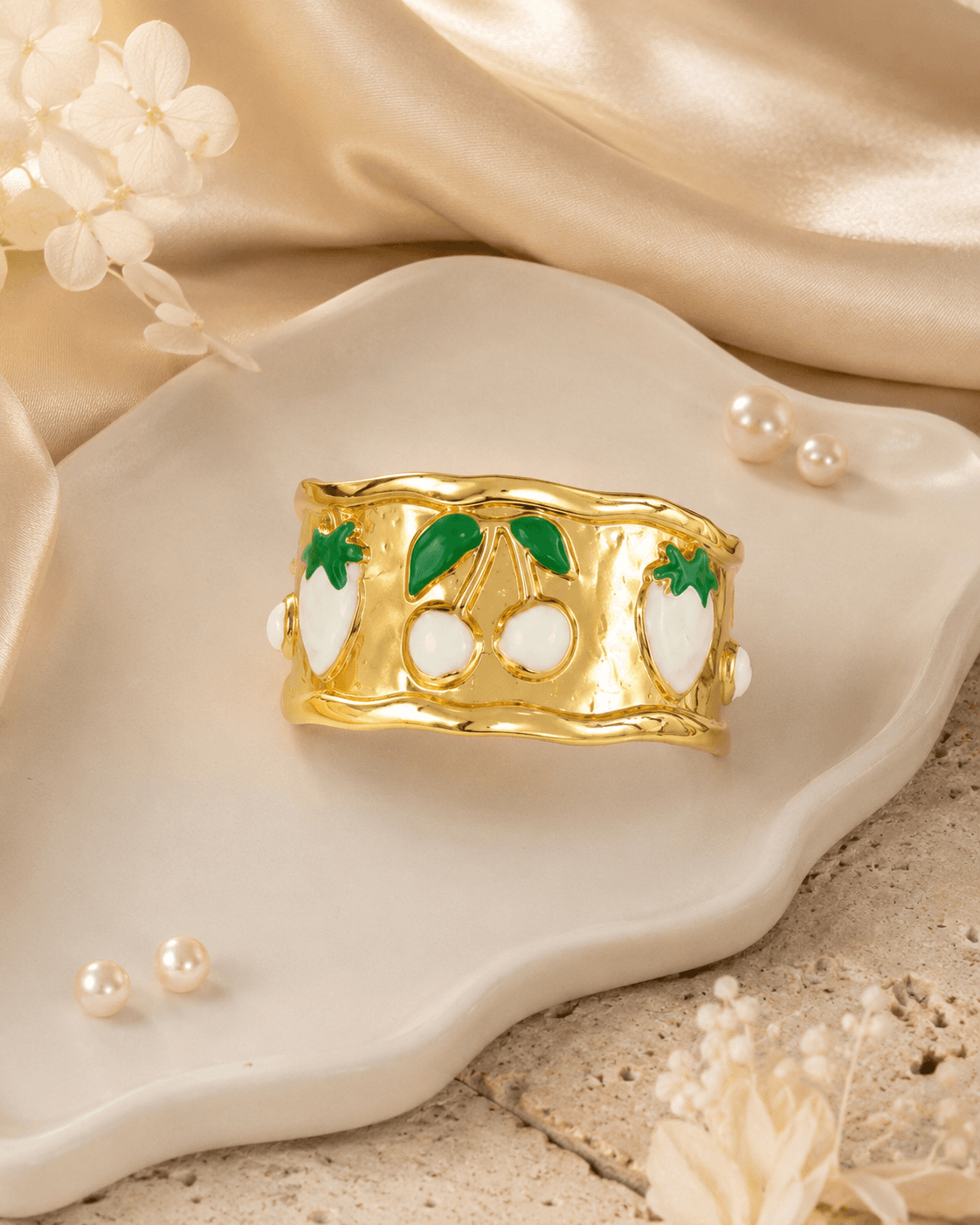 Gold-Tone White Cherry Motif Cuff Bracelet detail photo 3 - Bracelets at ShopKaar
