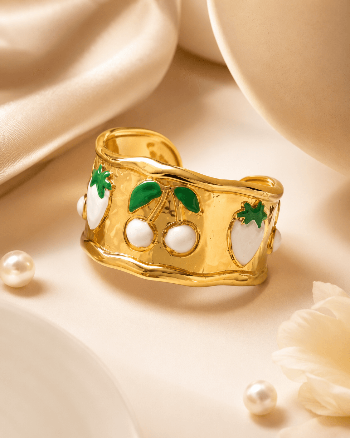 Gold-Tone White Cherry Motif Cuff Bracelet detail photo 4 - Bracelets at ShopKaar