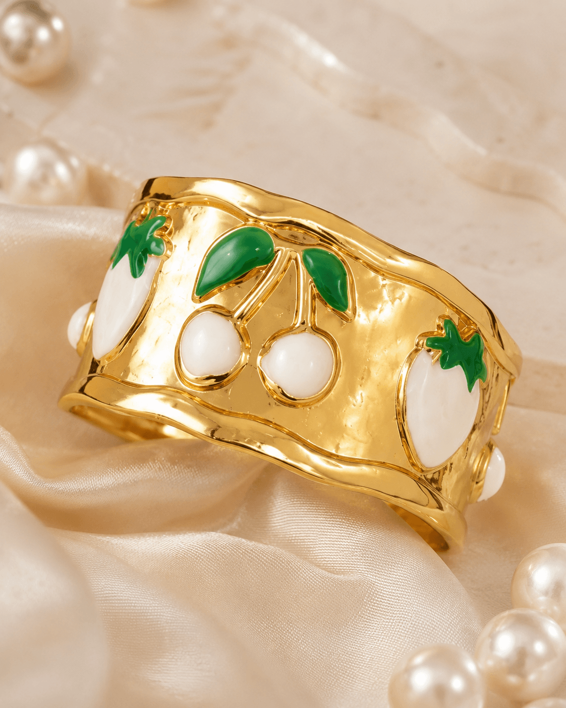 Gold-Tone White Cherry Motif Cuff Bracelet detail photo 5 - Bracelets at ShopKaar
