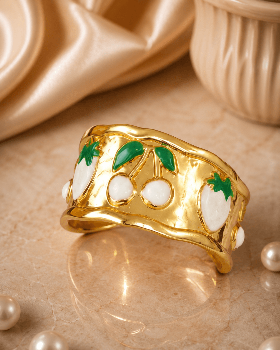 Gold-Tone White Cherry Motif Cuff Bracelet detail photo 6 - Bracelets at ShopKaar