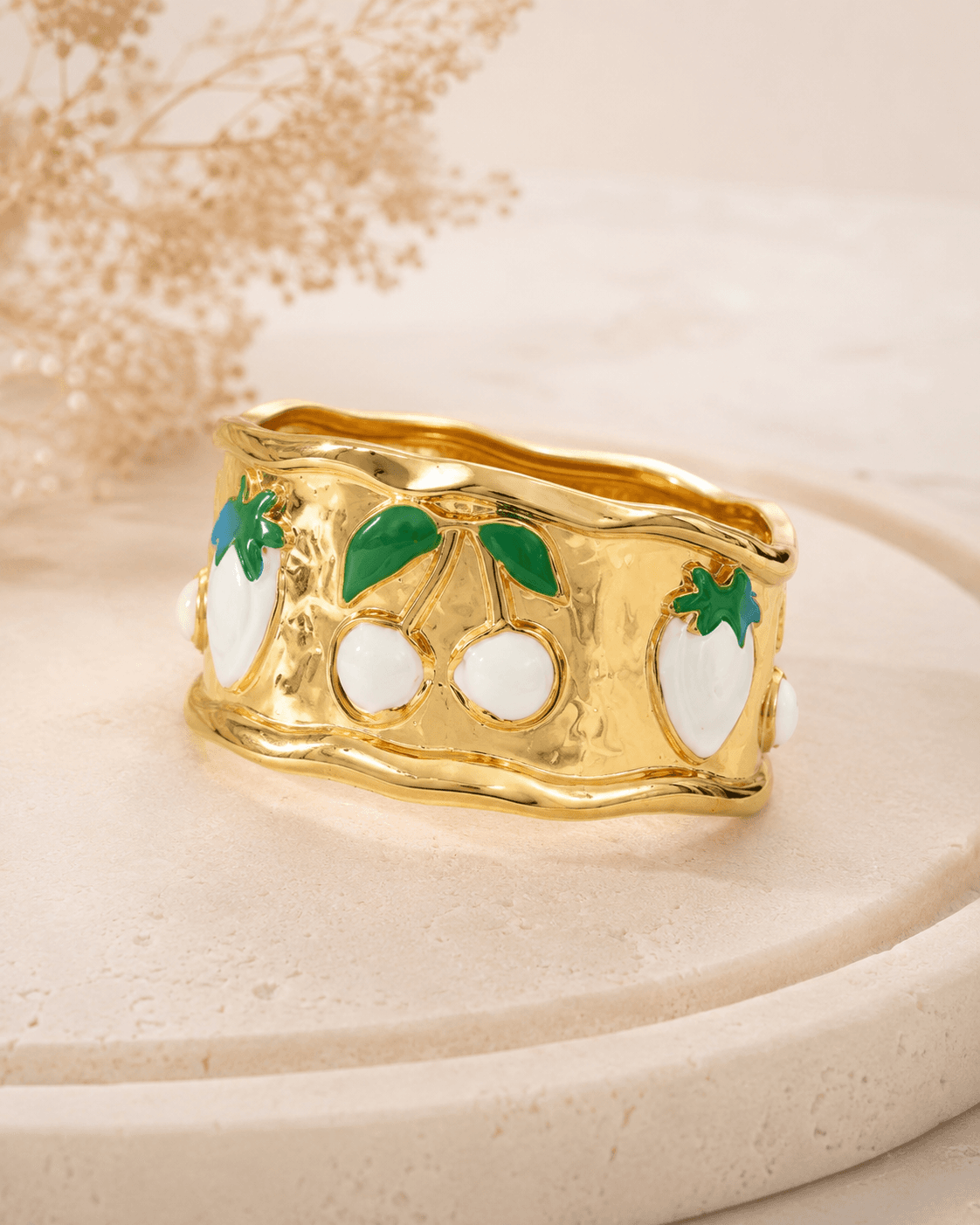 Gold-Tone White Cherry Motif Cuff Bracelet detail photo 7 - Bracelets at ShopKaar