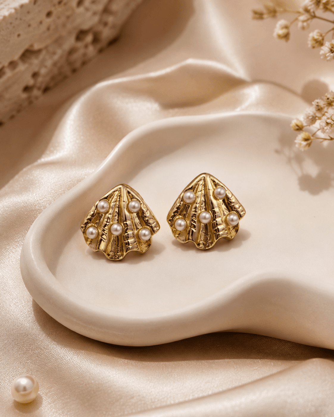 Gold-Tone Ridged Shell Pearl-Look Stud Earrings main product photo at ShopKaar