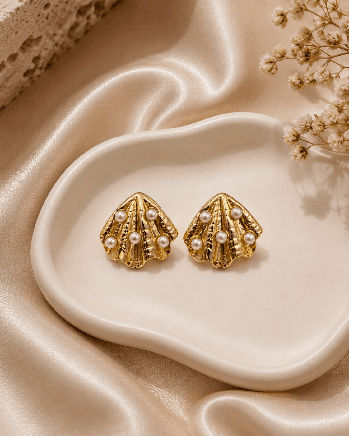 Gold-Tone Ridged Shell Pearl-Look Stud Earrings detail photo 2 at ShopKaar