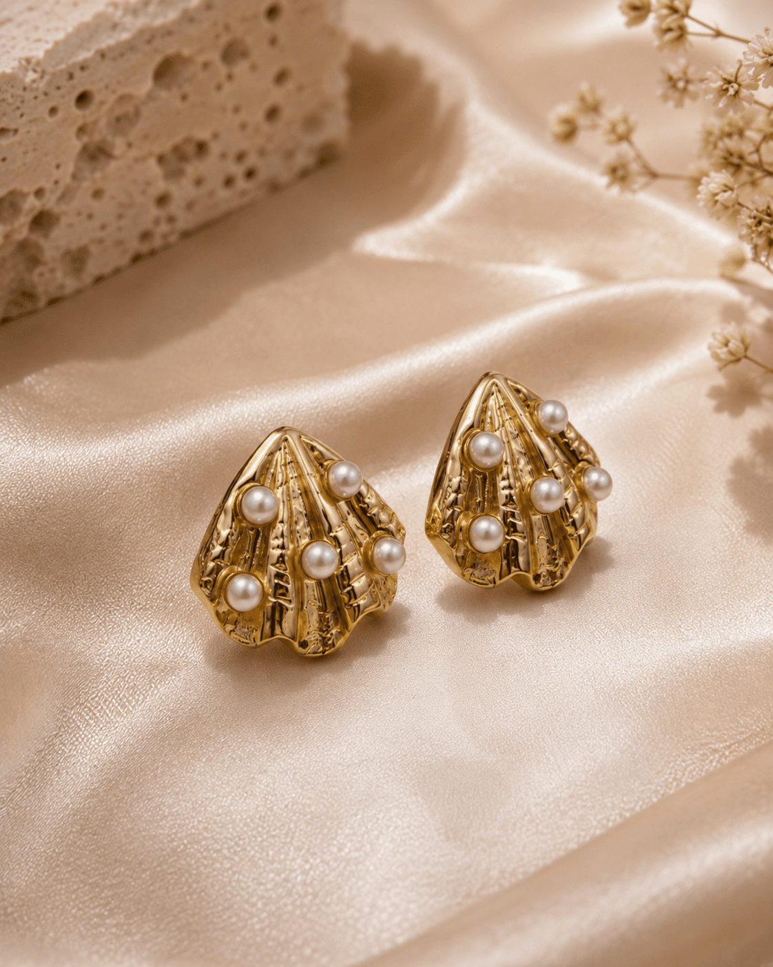 Gold-Tone Ridged Shell Pearl-Look Stud Earrings detail photo 4 at ShopKaar