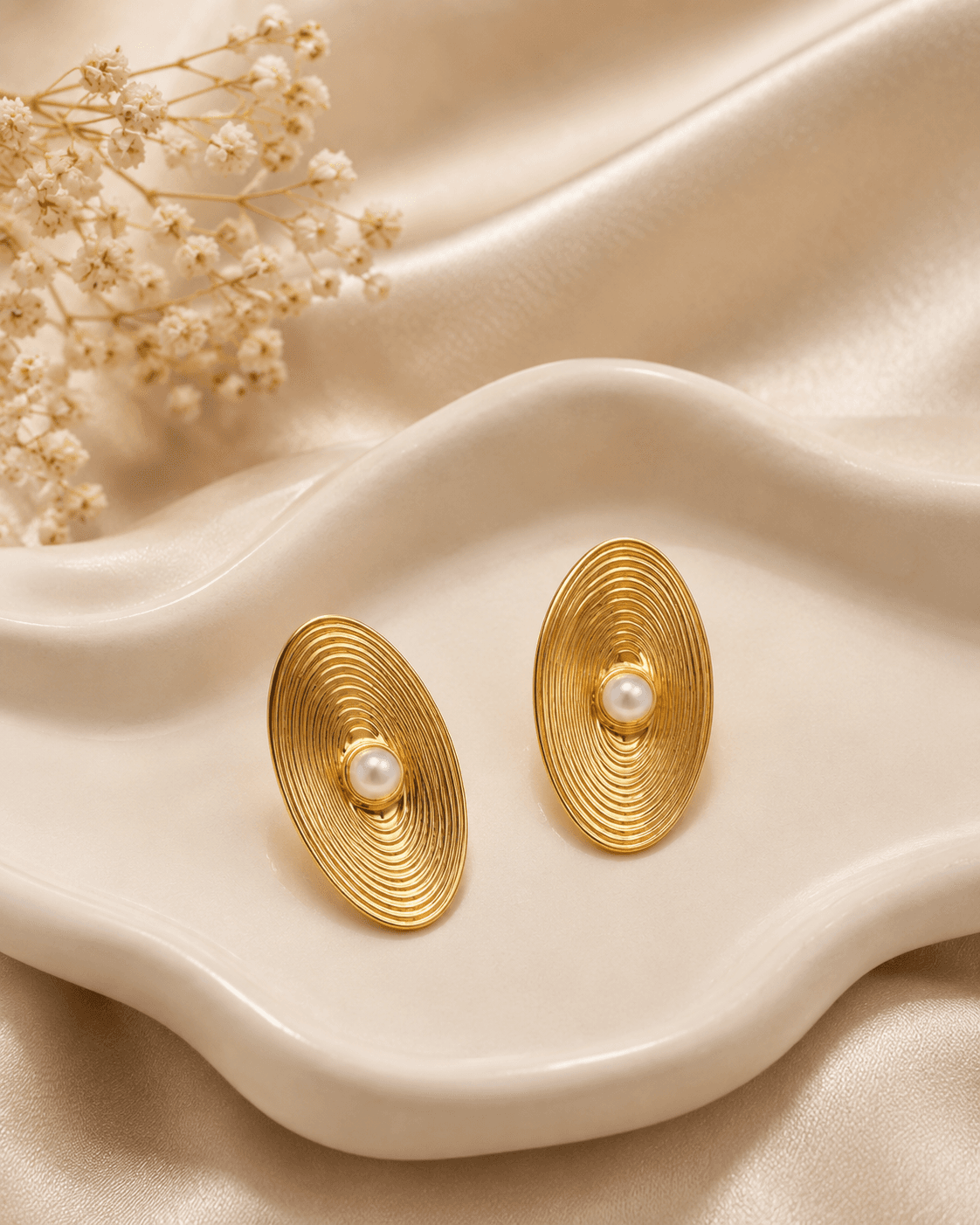 Gold-Tone Rippled Oval Pearl-Look Stud Earrings main product photo at ShopKaar