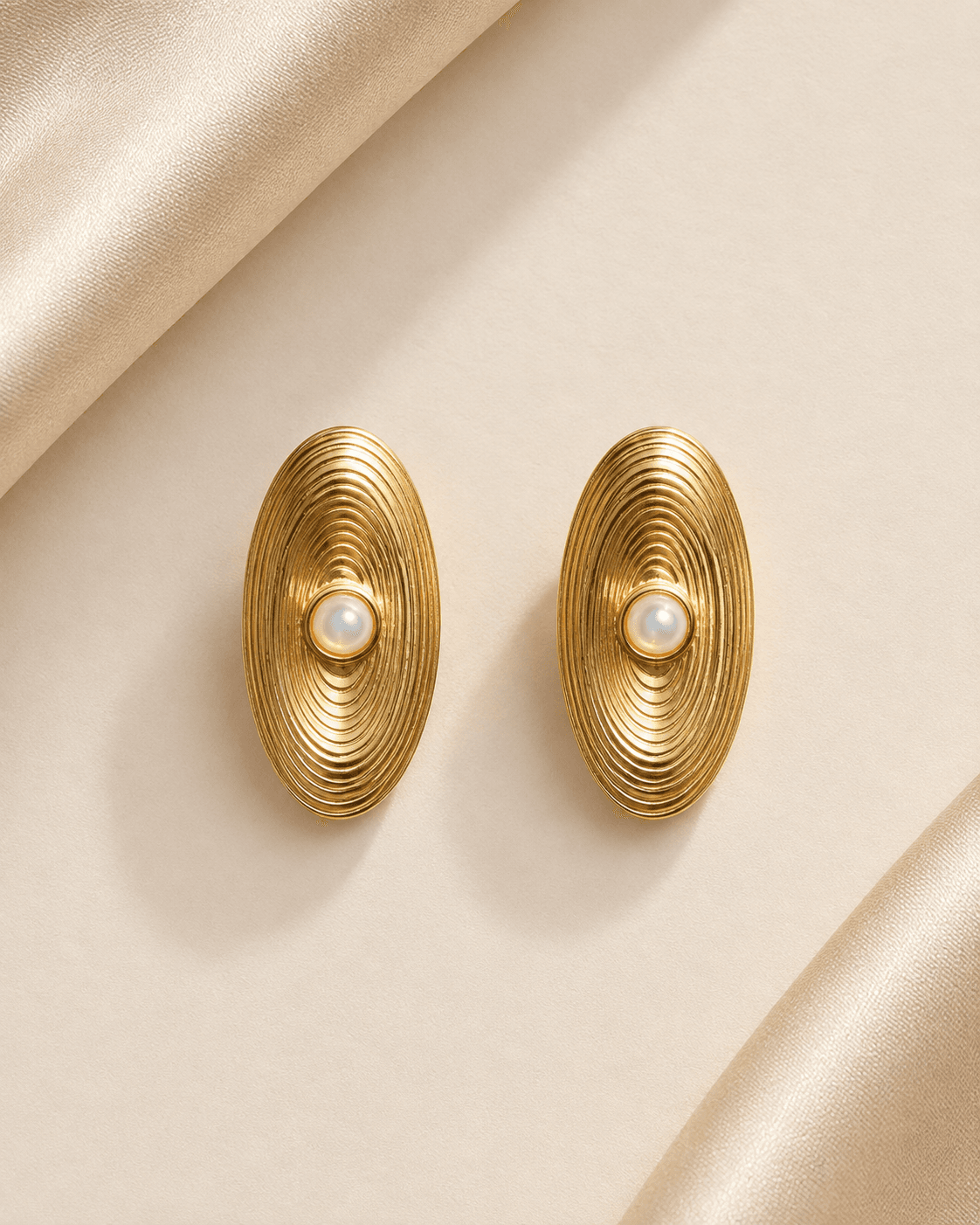 Gold-Tone Rippled Oval Pearl-Look Stud Earrings detail photo 2 at ShopKaar