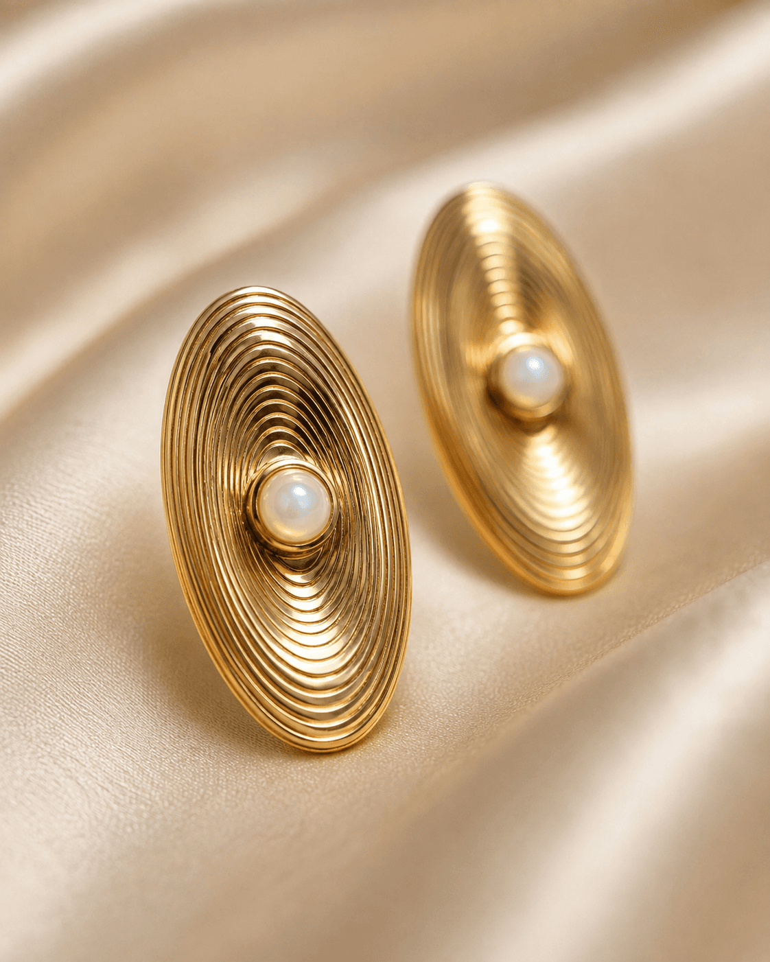 Gold-Tone Rippled Oval Pearl-Look Stud Earrings detail photo 3 at ShopKaar
