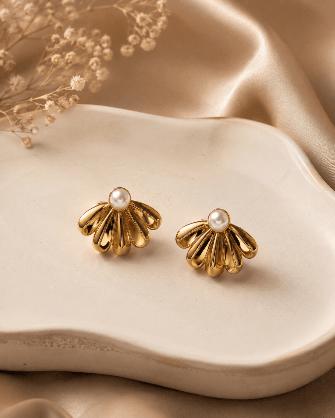 Gold-Tone Scallop Shell Pearl-Look Stud Earrings main product photo at ShopKaar